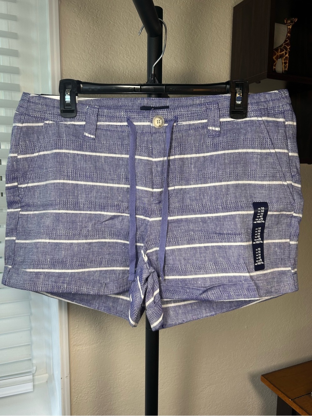 GAP Linen-Blend Shorts, indigo/white horizontal striped, button closure, size 10